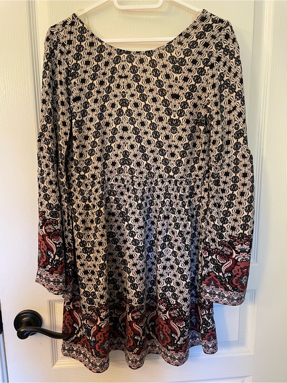 Chloe K Black & White Printed Long Sleeve Dress with Red Border